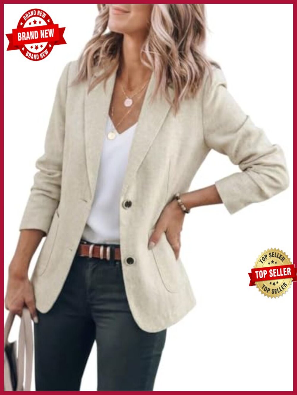 Womens Cotton Linen Boyfriend Blazer Long Sleeve Casual Work Jacket